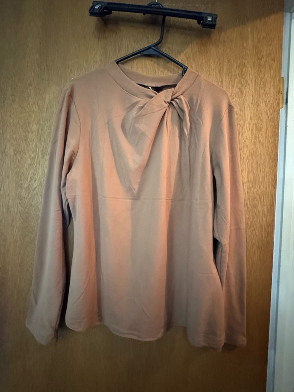 Twist-Neck Long Sleeve Blouse in Tan